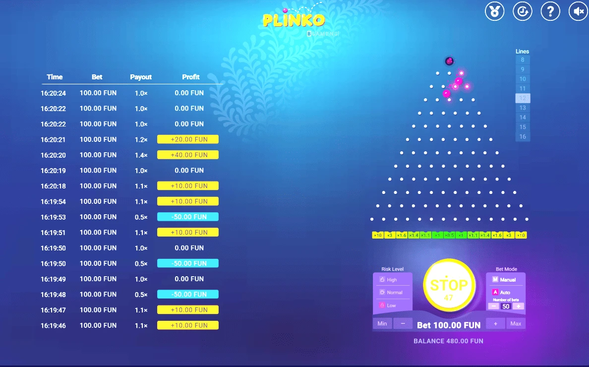 Игра Plinko с 12 линиями